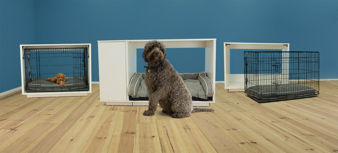 La niche design Omlet Fido Nook peut contenir une cage amovible, idéale pour amener vorte chien en voiture