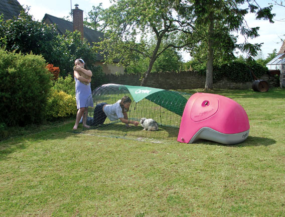 The Eglu rabbit house with run in garden with children playing.
