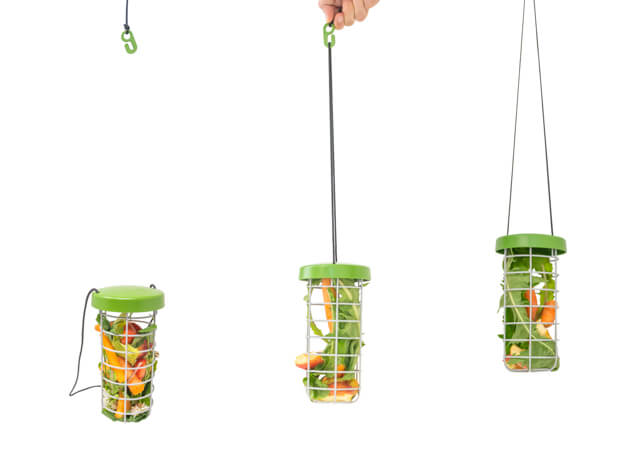Three images of the Caddi guinea pig feeder, the first of which is detached from the plastic hook, the second is being attached to the hook with the nylon string and the third Caddi is hanging from the hook