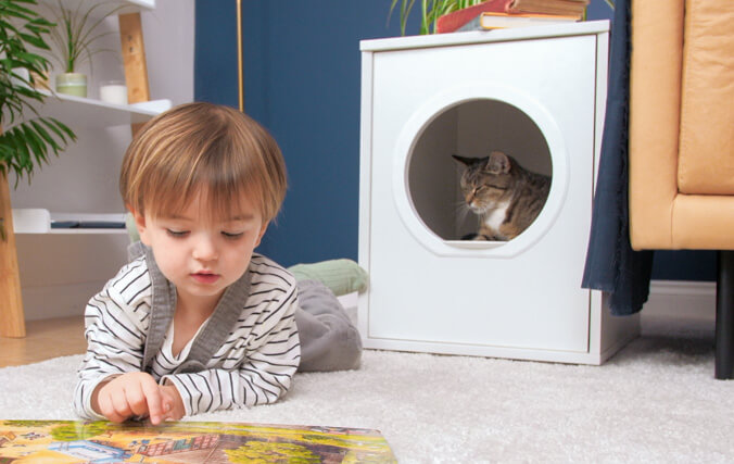 Cat hiding in a cat house with a child reading a book