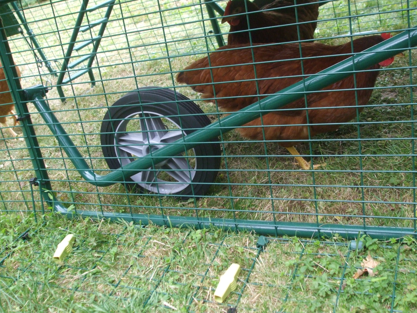 The wheel on the underside of the Eglu Cube chicken coop.