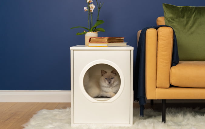 Stylowy nowoczesny domek dla kota, z białym kotem w środku, który świetnie wygląda w Twoim domu