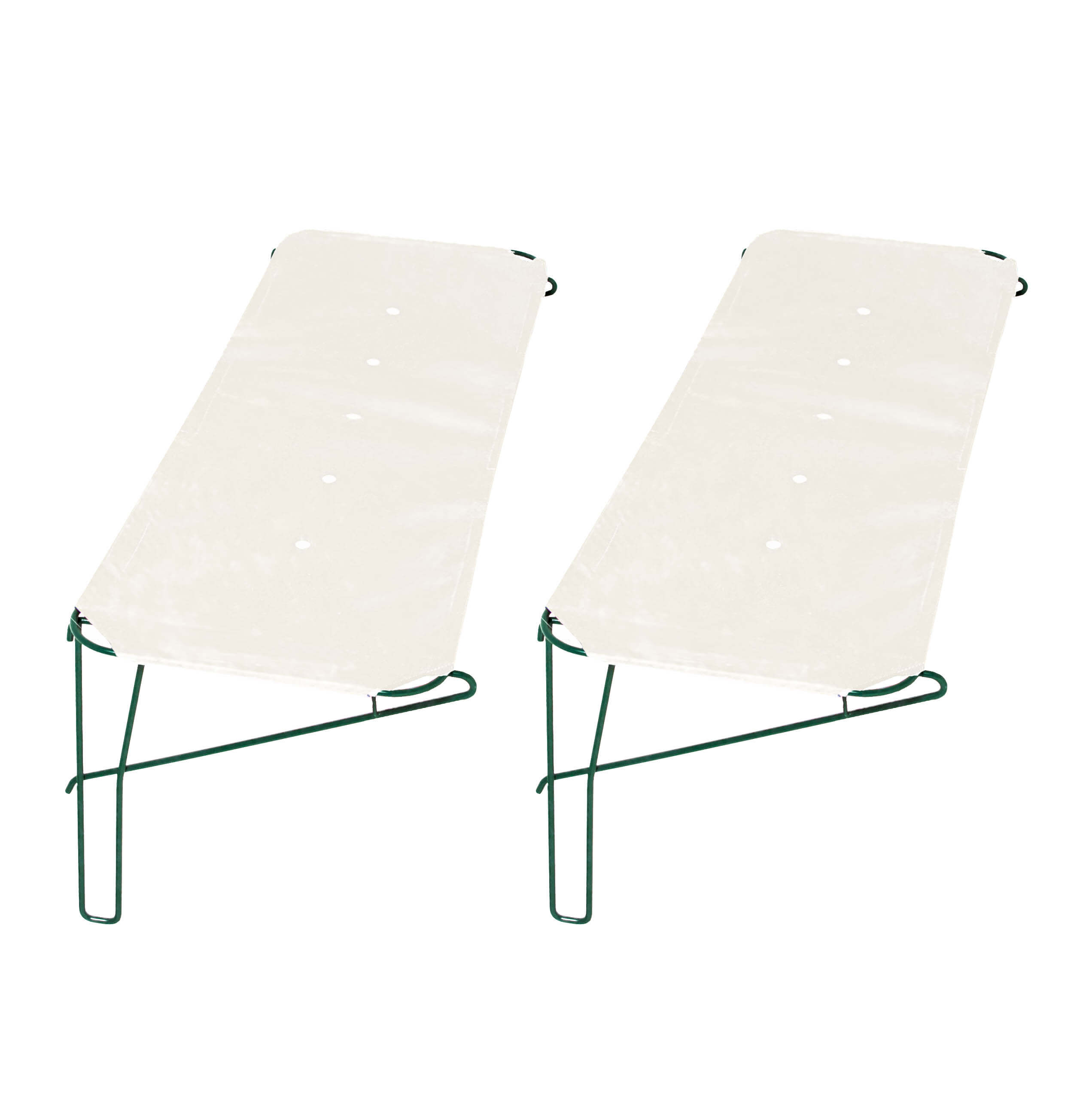 Two white fabric outdoor cat shelves for cat runs